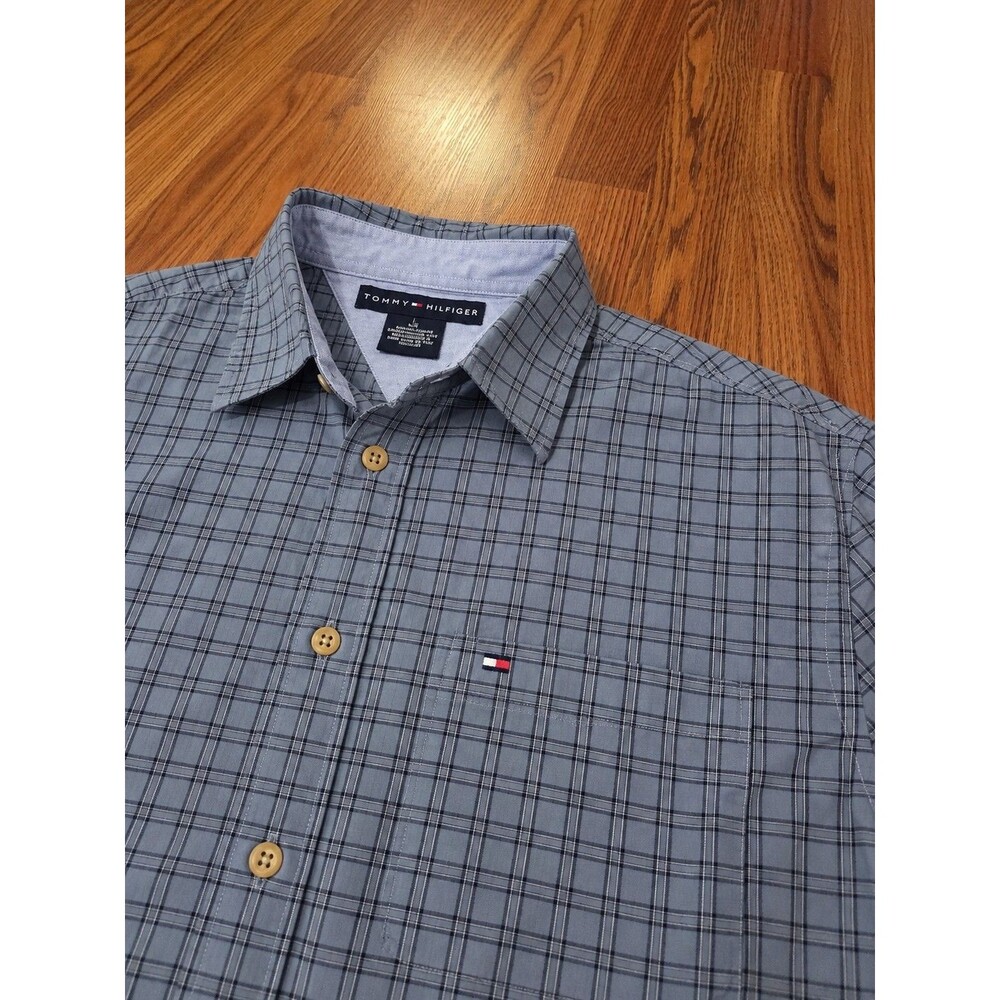 Tommy Hilfiger Men's L Plaid Button Up Shirt Blue Gray 100% Cotton Mauritius - Picture 3 of 5
